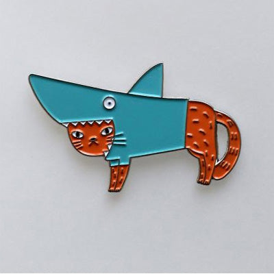 Surfing Sloth Pins - Shark Cat (Orange)